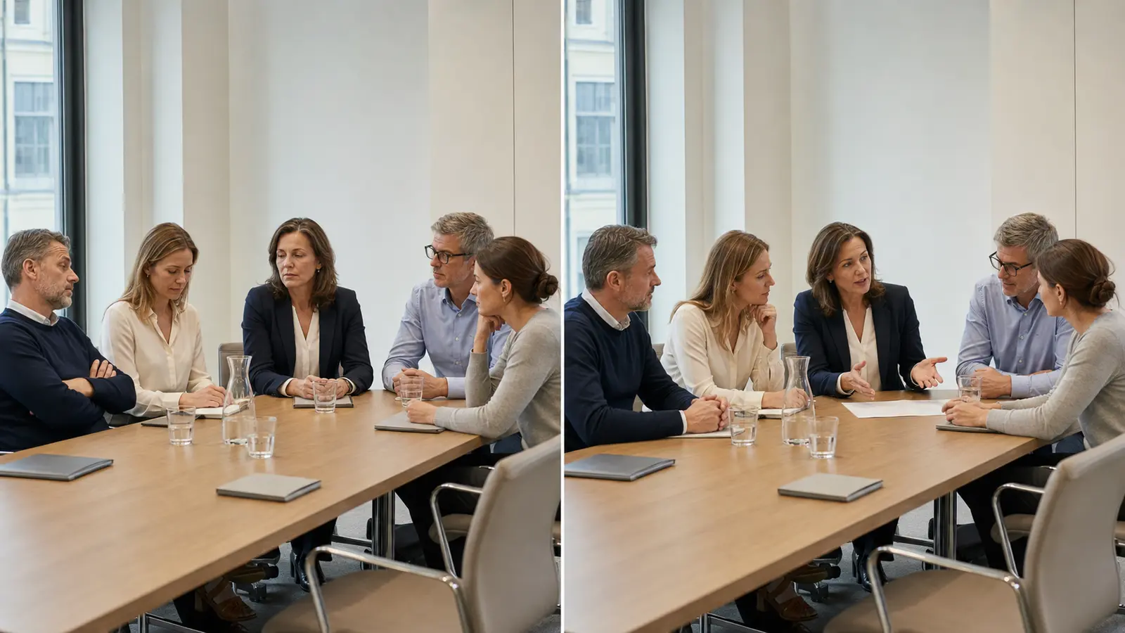 Führungsteam im Vergleich: links viele Probleme selbst lösen, rechts nachfragen und Verantwortung übertragen